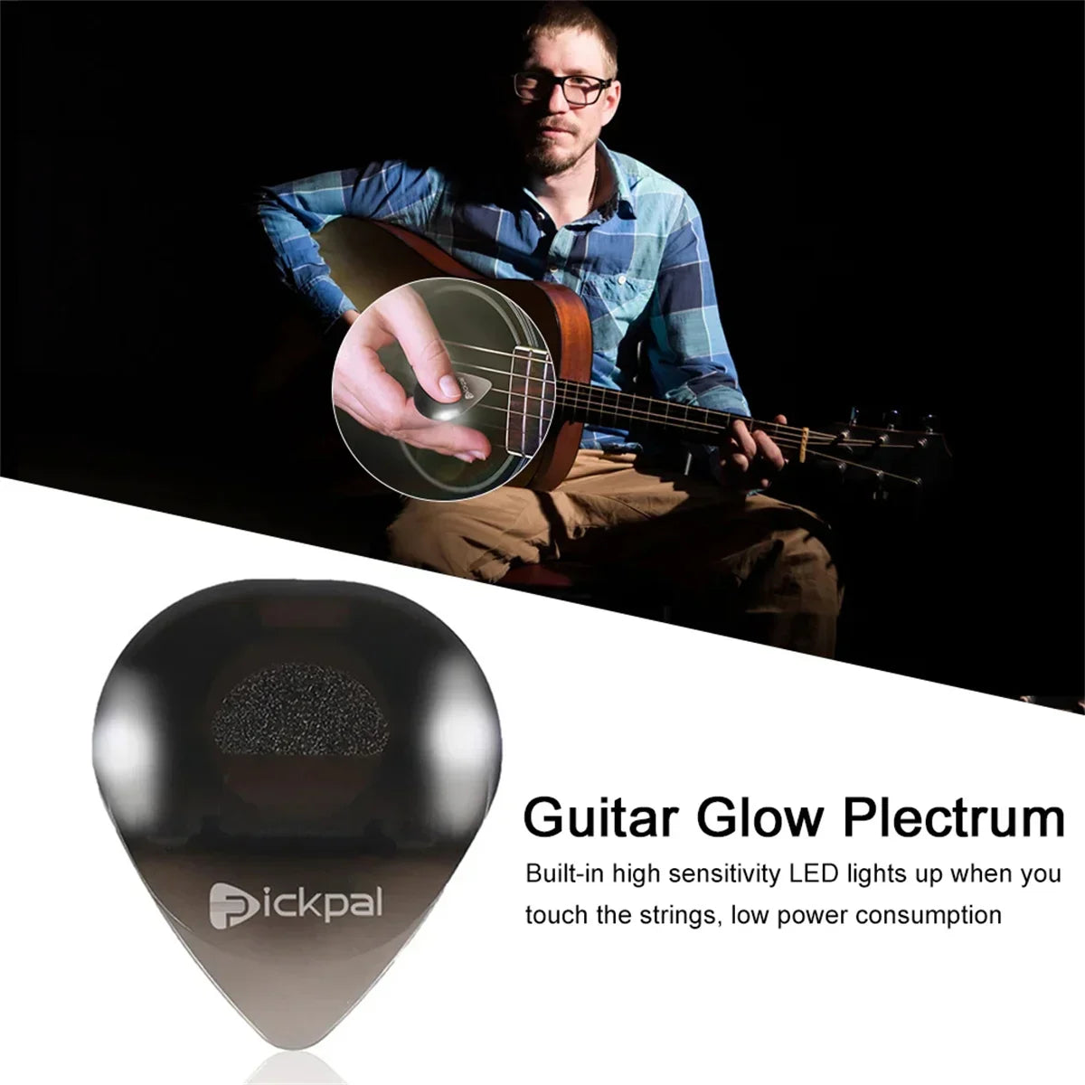 Black translucent guitar pick with glowing led light and pickpal logo for bass electric guitarists instrument glowing plectrum