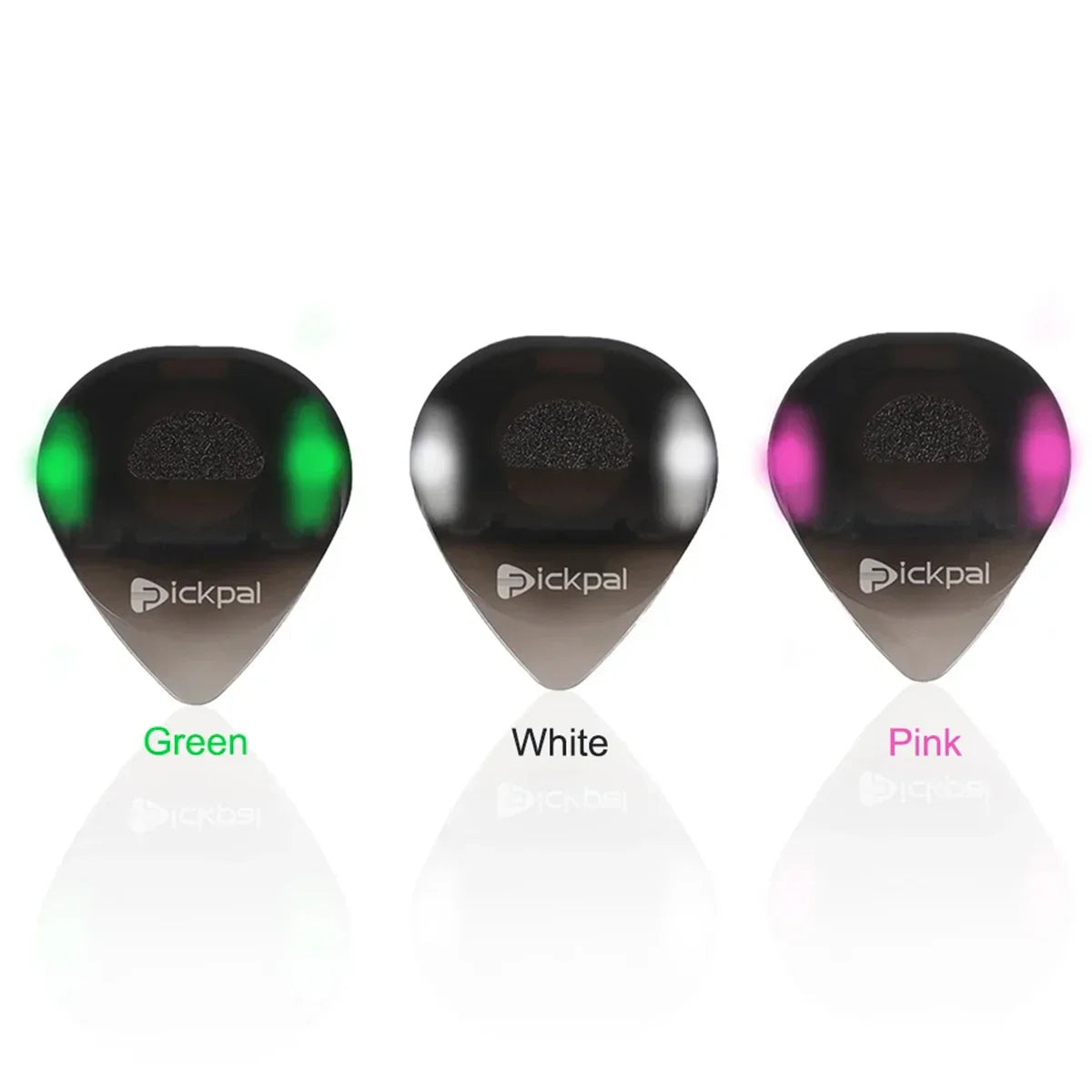Three glossy guitar picks in green white and pink with high-sensitivity led light instrument glowing plectrum for bass electric guitarists