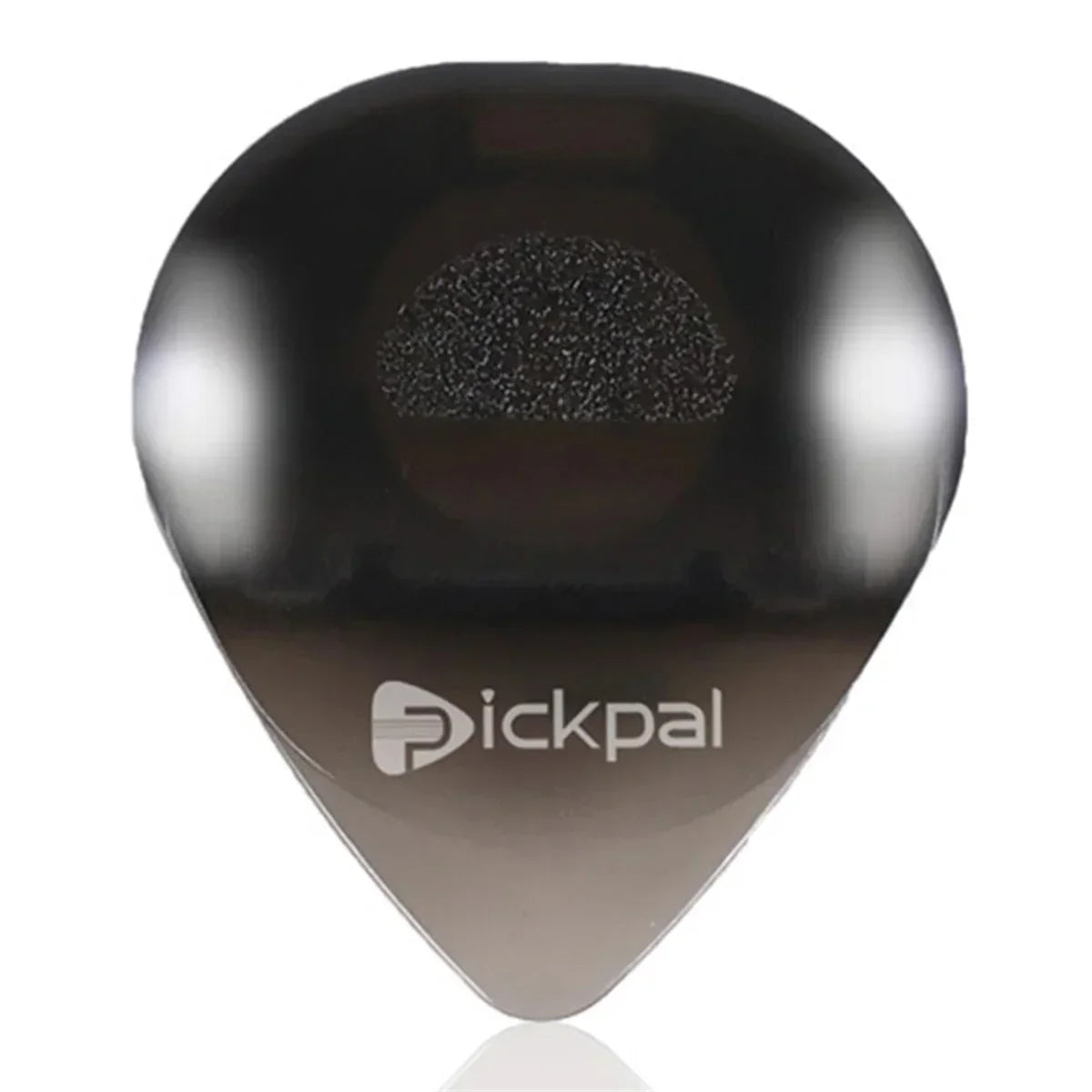 Black guitar pick with textured grip and metallic finish designed as a glowing plectrum for bass electric guitarists