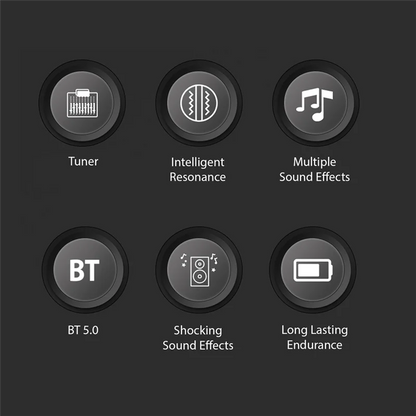Black circular buttons on guitar pickup classical showing tuner bt 5.0 and accompaniment resonance pickup features