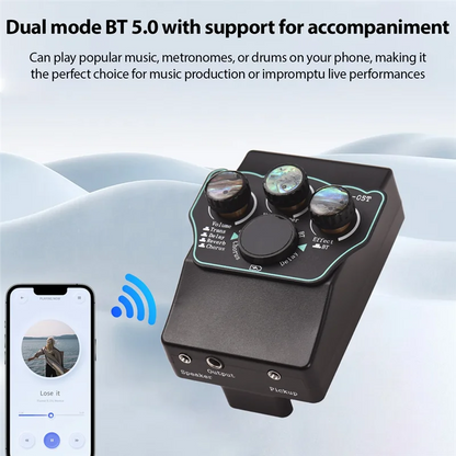 Black dual-mode bt 5.0 audio effects pedal with rotary knobs for volume delay echo and bass in guitar pickup classical setup