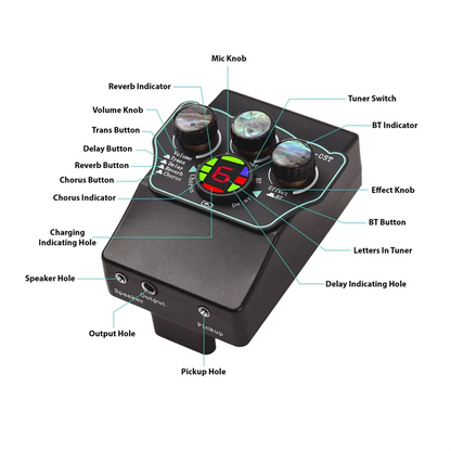 Black rectangular guitar pickup classical effects pedal with digital display and accompaniment resonance control knobs