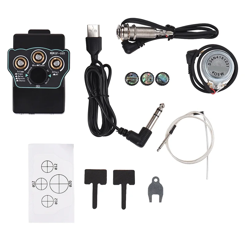 Black rectangular guitar pickup classical preamp with three gold knobs and central dial for pickup bt accompaniment resonance pickup