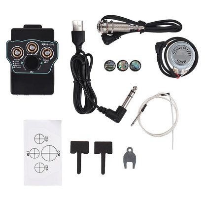 Black rectangular guitar pickup classical preamp with three gold knobs and central dial for pickup bt accompaniment resonance pickup