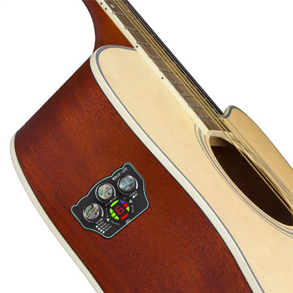 A sleek dark brown acoustic guitar with a natural wood finish and a black 3-band eq control panel for pickup bt accompaniment