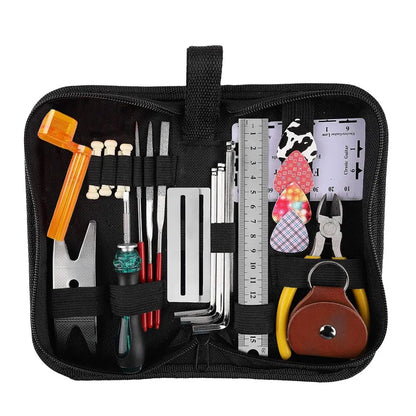 Black zippered guitar repair tool kit with 26 multifunctional guitar accessories wrenches screwdrivers and plastic tools
