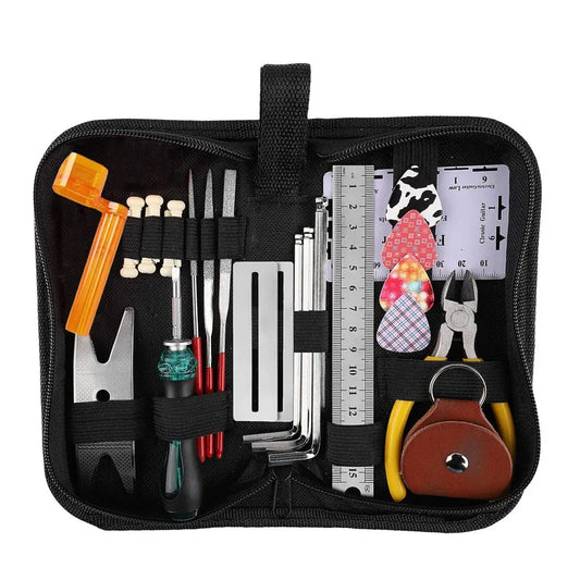 Black zippered guitar repair tool kit with 26 multifunctional guitar accessories wrenches screwdrivers and plastic tools