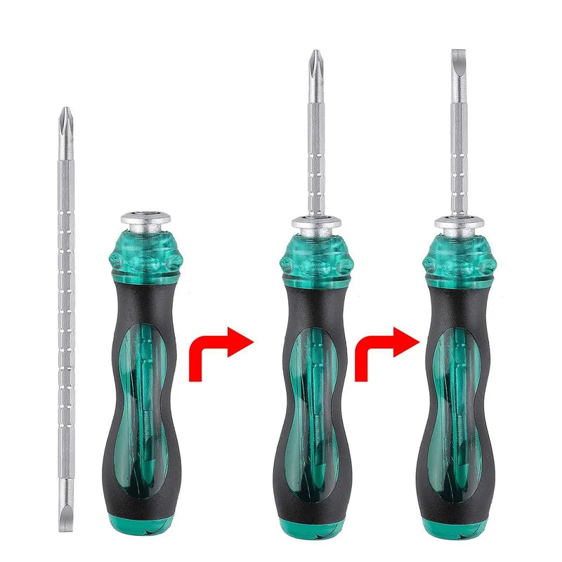 Set of three screwdrivers with translucent green and black ergonomic handles featuring interchangeable tips for guitar repair tool use