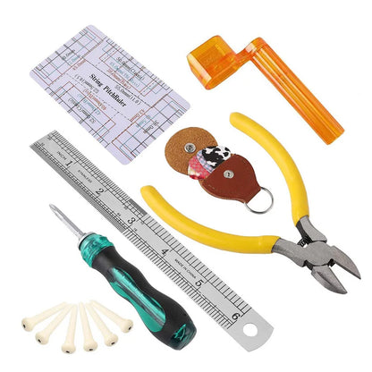 Yellow-handled wire cutters with metallic jaws included in a multifunctional guitar accessories wrench screwdriver set