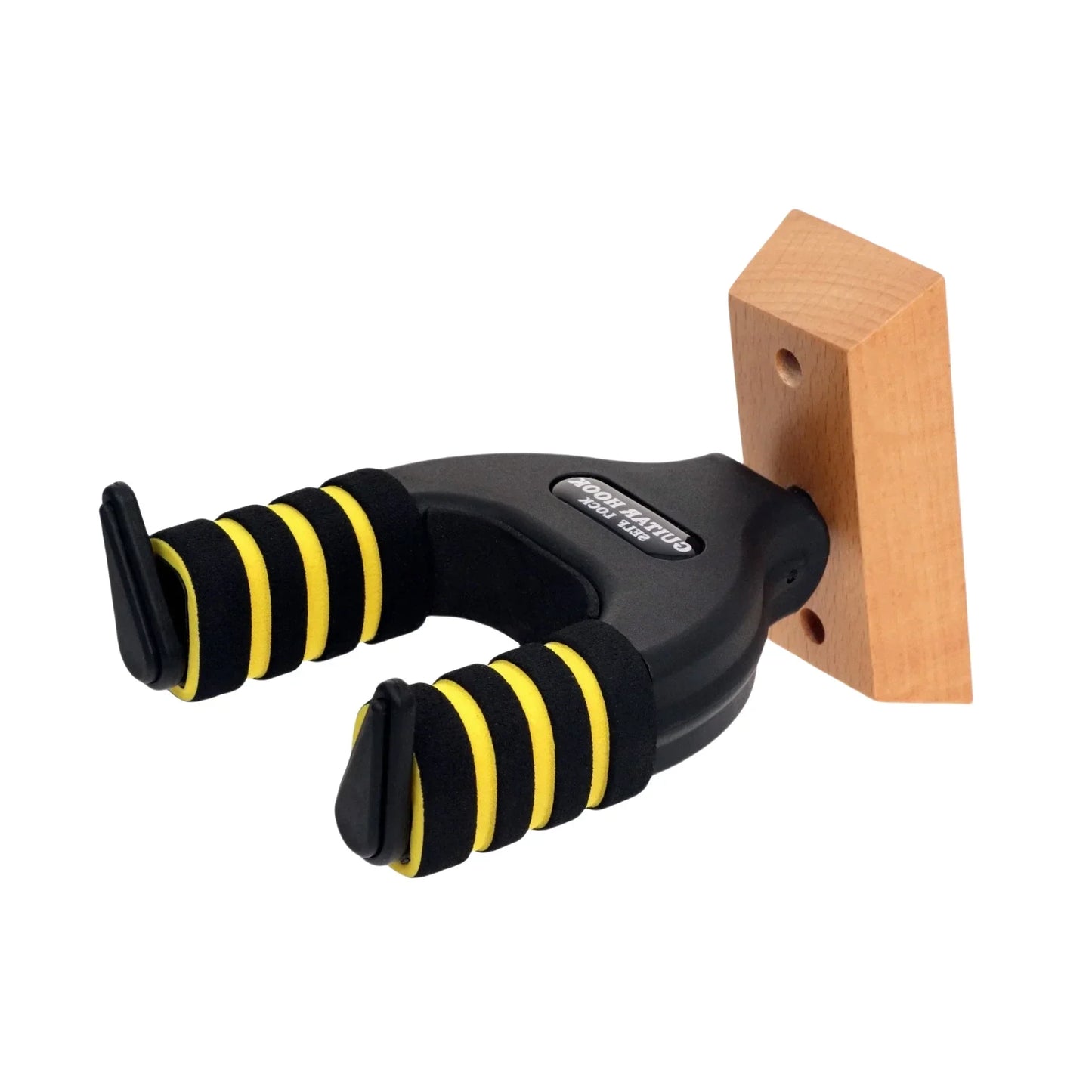 Black and yellow striped guitar wall mount holder hook with wooden base for acoustic electric guitar mandolin banjo ukulele bass
