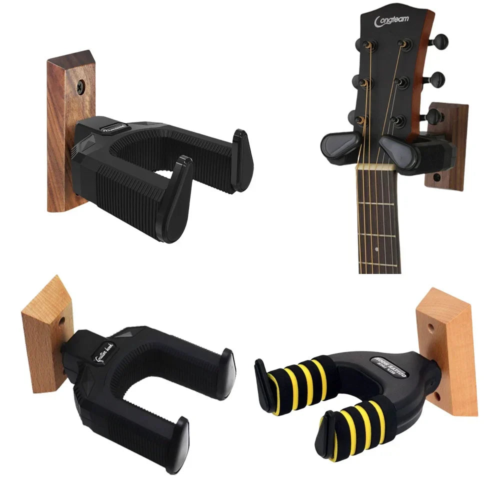 Black plastic guitar mount holder hook with wooden backing and adjustable grip for acoustic electric guitar mandolin banjo ukulele