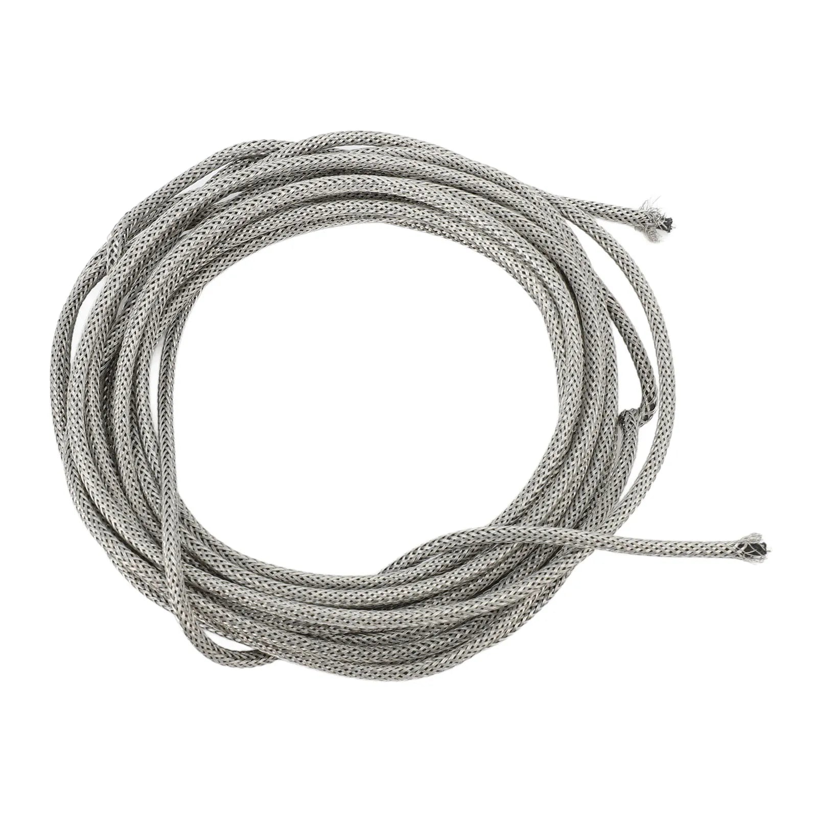 Coiled gray braided shield cable with textured woven pattern and frayed ends for guitar shield wire conductor 3m long
