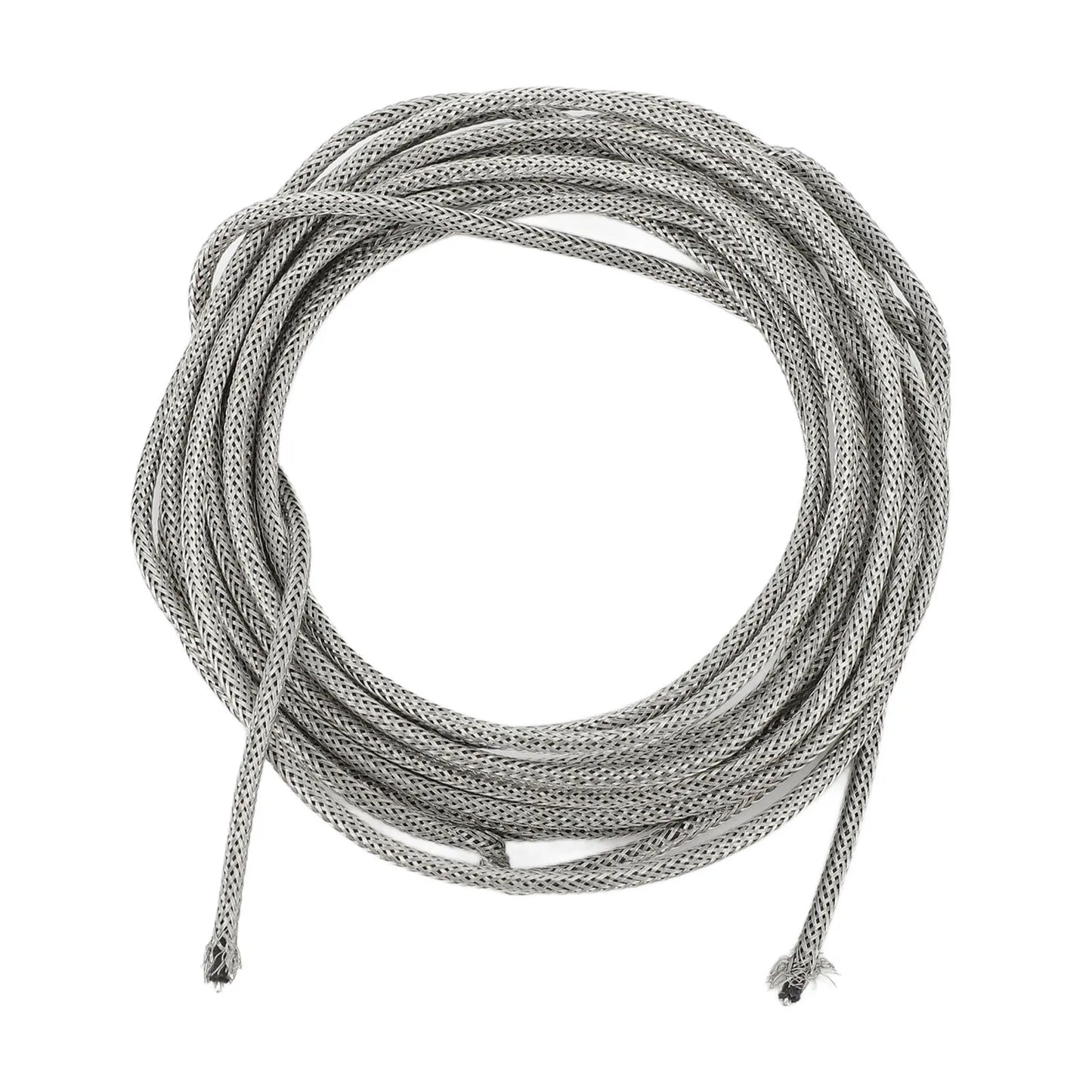 Coiled silver metallic braided shield cable with frayed ends for guitar shield wire single conductor 3m long 22 awg