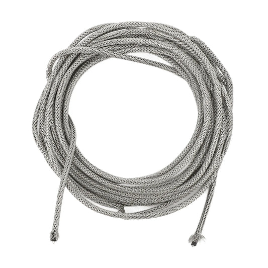 Coiled silver metallic braided shield cable with textured woven pattern and frayed ends 3m long guitar shield wire