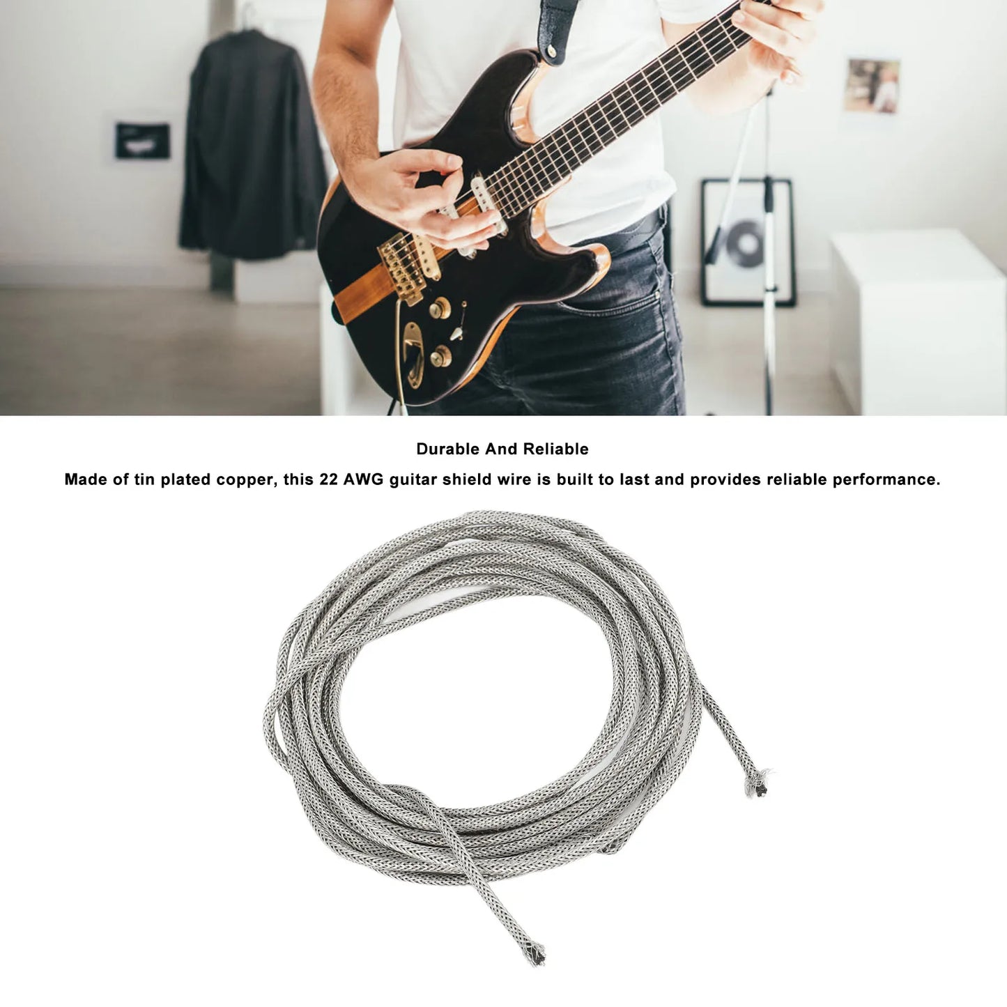 Coiled 22 awg tin-plated copper guitar shield wire with silver-gray braided shield cable conductor 3m long