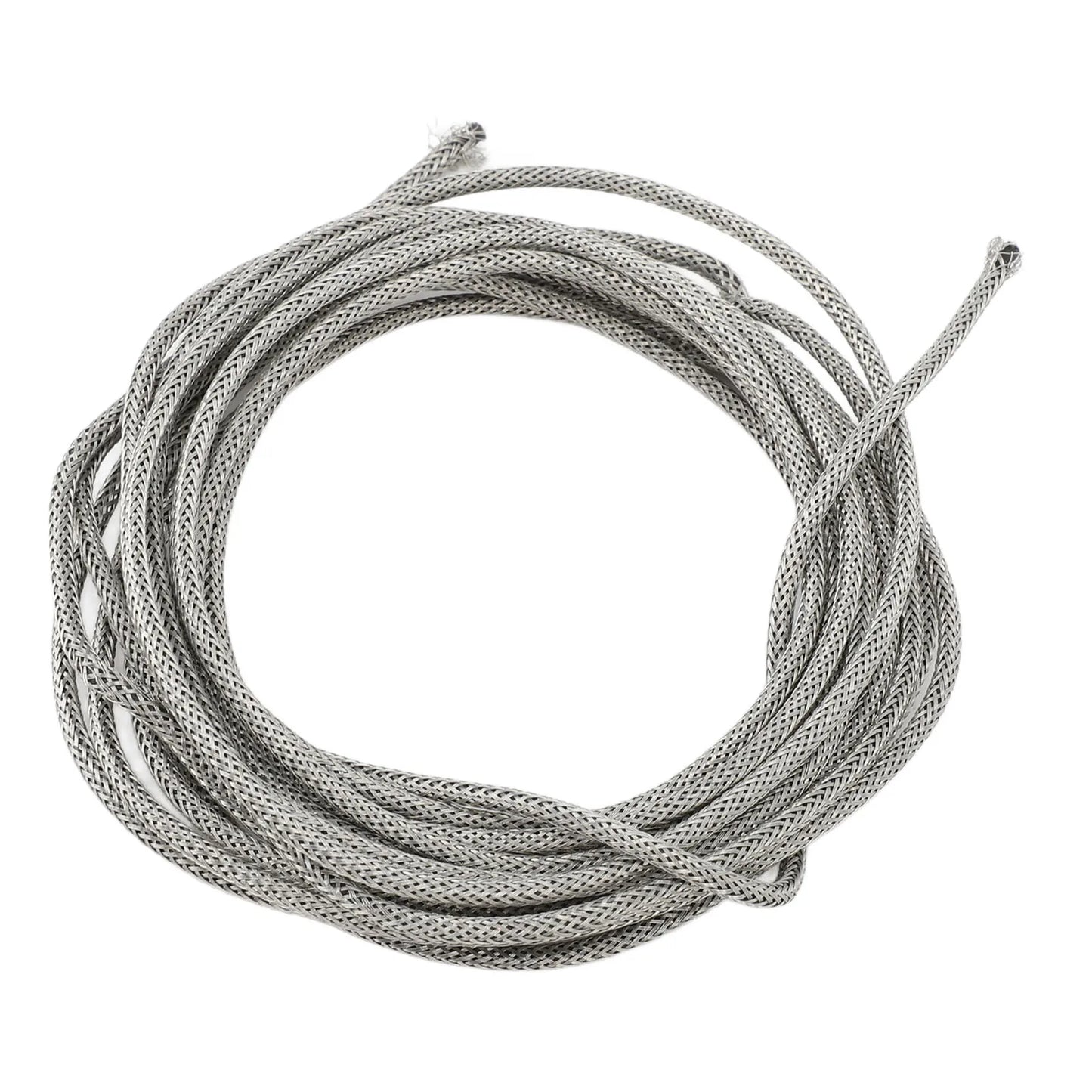 Silver-colored tightly woven braided shield cable showing textured interlaced pattern for guitar shield wire conductor 3m long