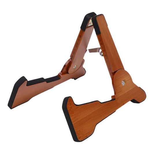 Brown wooden foldable guitar stand with black rubberized feet and metal hinges for bass cello mandolin use