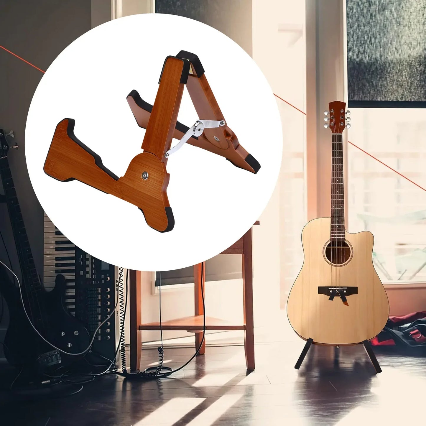 Brown wooden foldable guitar stand with silver hinges and black rubber feet for bass cello mandolin banjo and ukulele