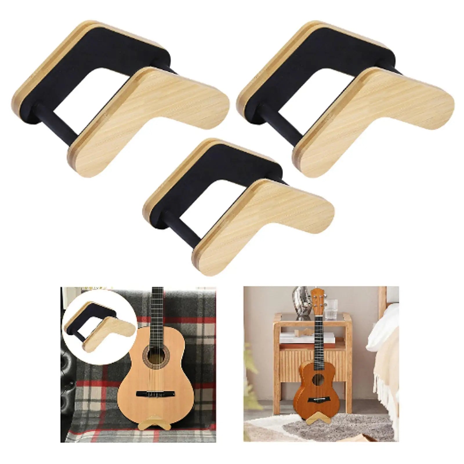 Light wood and black plastic guitar stand adjustable with u-shaped design protective space saving string instrument holder