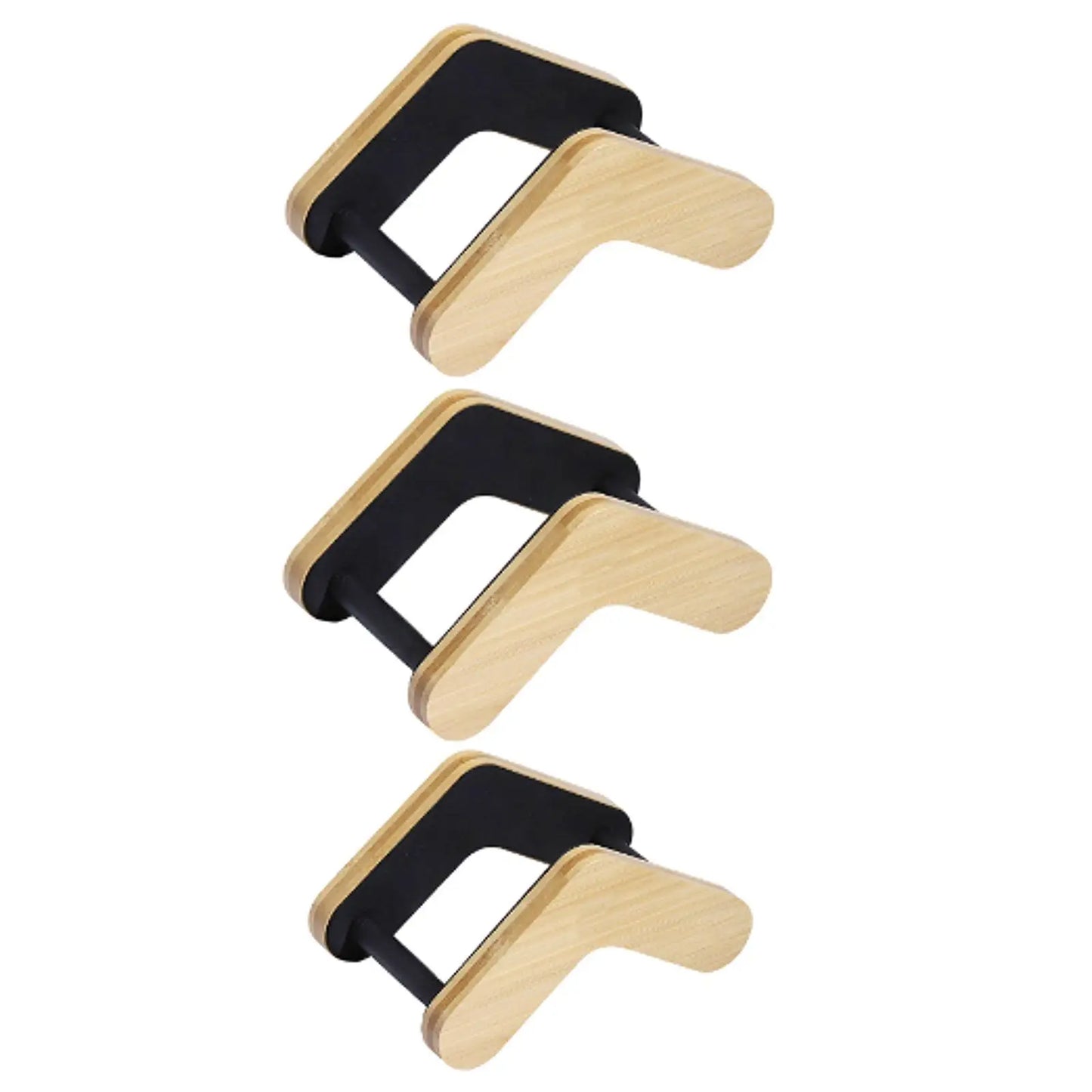 Set of three minimalist wooden and black metal wall-mounted guitar stand adjustable string instrument holders for space saving