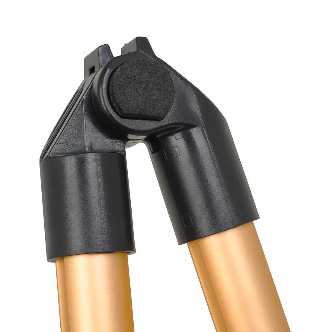 Black plastic tripod head with gold metal legs on foldable removable professional guitar stand aluminum musical rack guitar