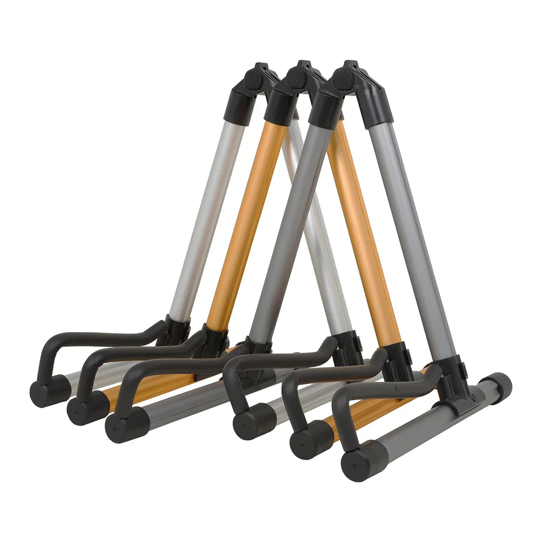 Set of three foldable removable professional guitar stands with silver and gold aluminum alloy poles and black joints