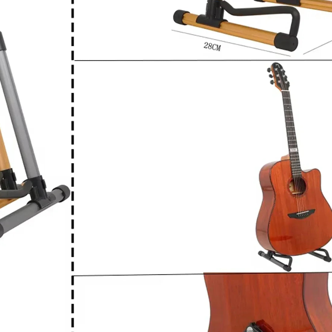 A polished reddish-brown acoustic guitar with cutaway body resting on a foldable aluminum alloy floor stand professional bracket guitar parts