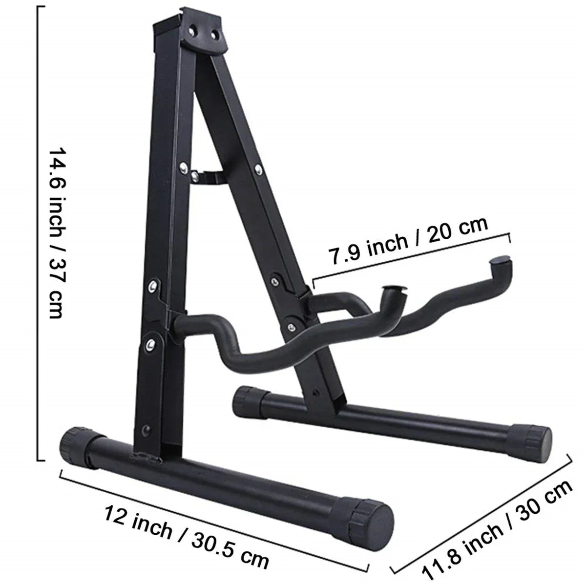 Black metal guitar stand folding with adjustable height and curved arm for secure support of bass guitars banjo and ukulele