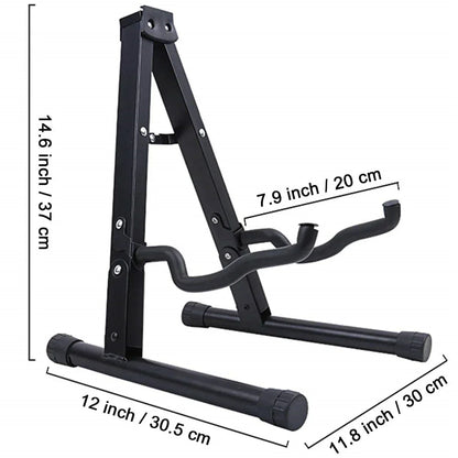 Black metal guitar stand folding with adjustable height and curved arm for secure support of bass guitars banjo and ukulele
