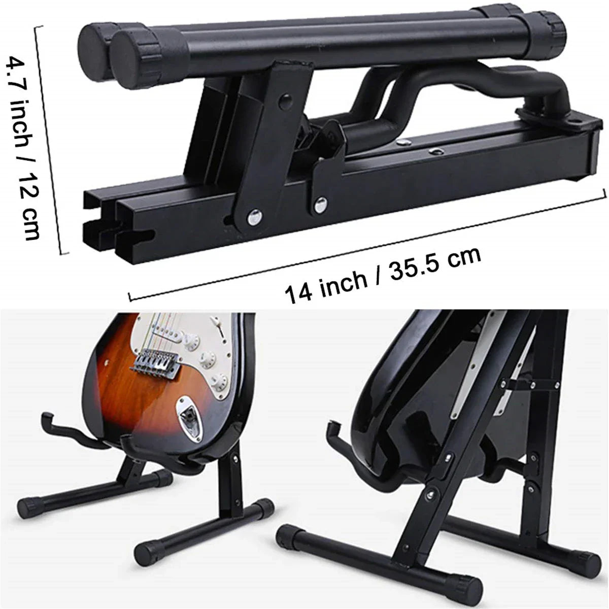 Black metal guitar stand folding with adjustable height and sturdy base for floor universal metal use with bass guitars banjo