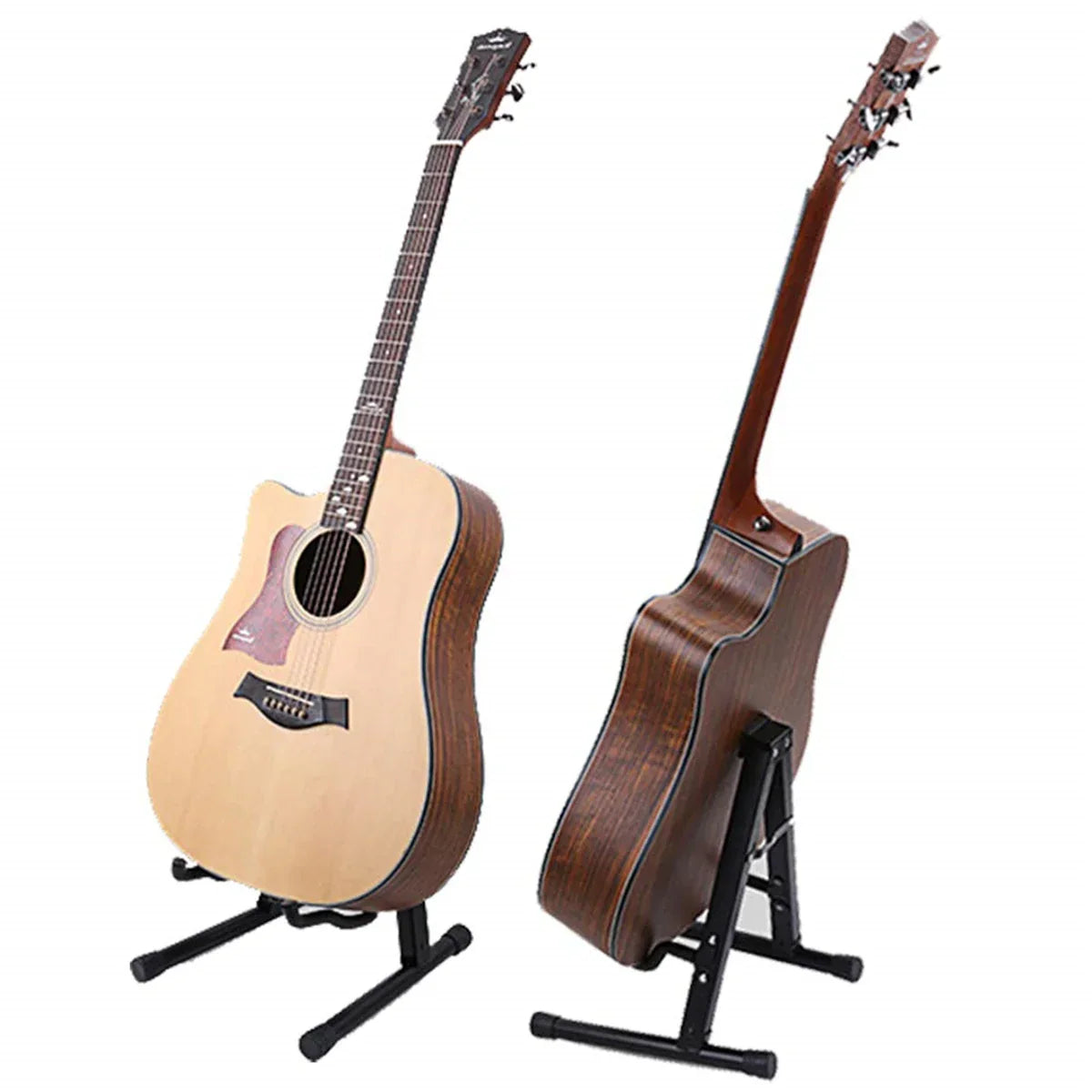 Two acoustic guitars in light and dark wood finishes resting on a black metal guitar stand folding floor universal metal