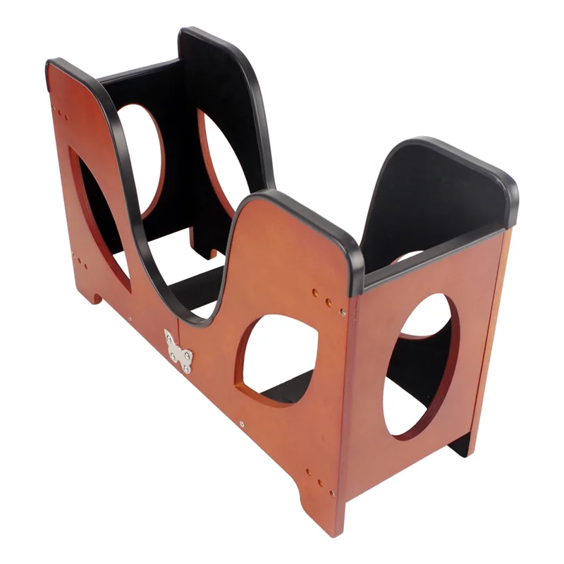 Wooden baby changing station with black accents and circular cutouts next to folding guitar stand floor stand adjustable musical rack holder