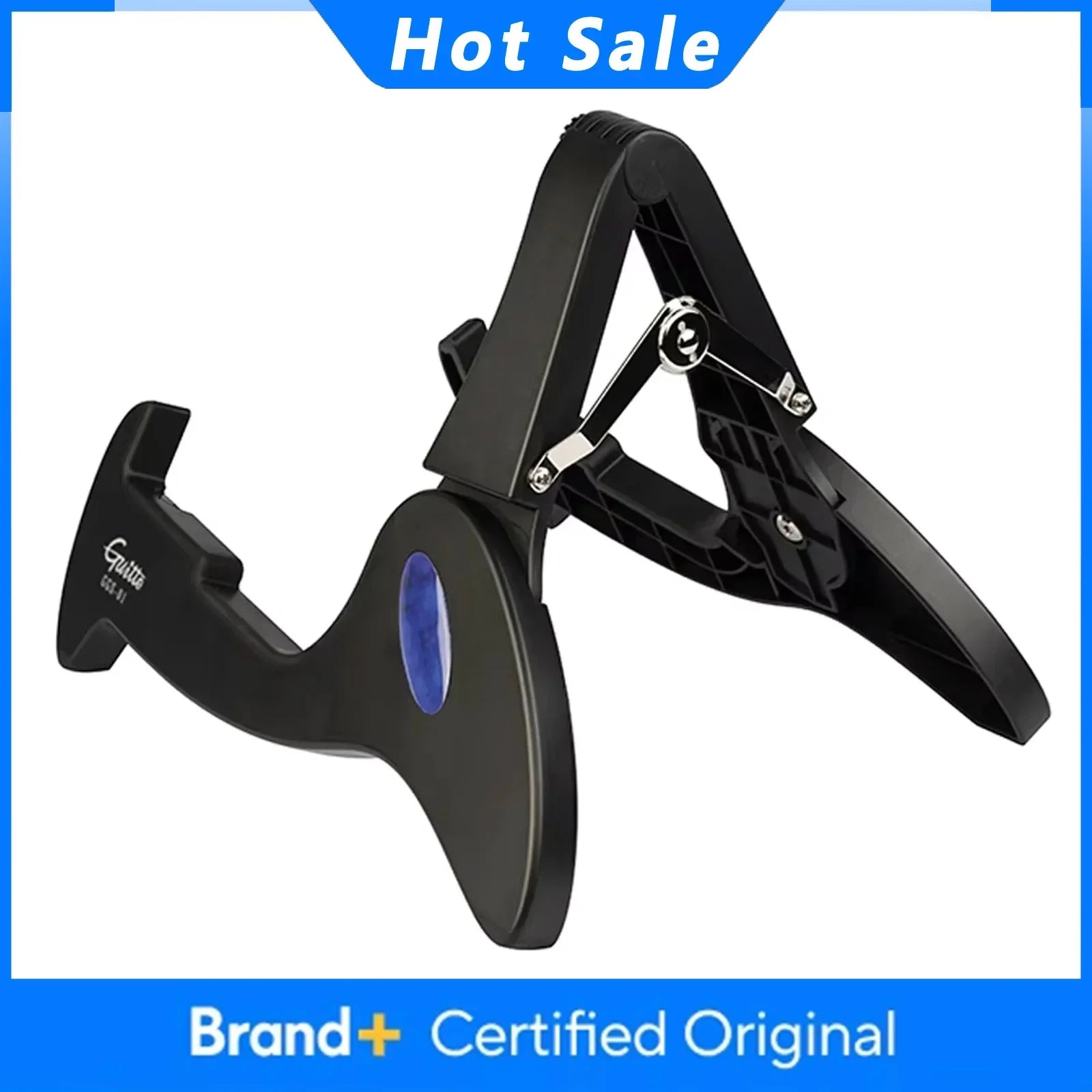 Black plastic guitar stand with blue circular accent folding tripod holder tripod holder a-frame for acoustic and electric guitars