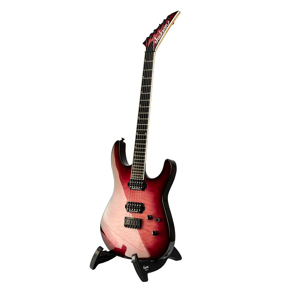 A folding tripod holder guitar stand a-frame holding a glossy red-to-pink jackson guitar with black hardware