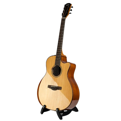 A light-colored acoustic guitar with natural wood finish resting on a black folding tripod holder a-frame guitar stand