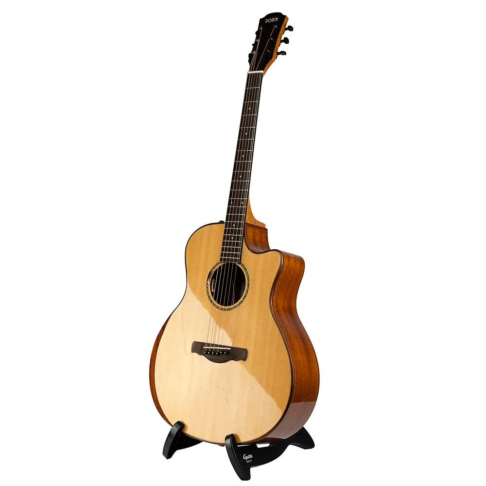 A light-colored acoustic guitar with natural wood finish resting on a black folding tripod holder a-frame guitar stand