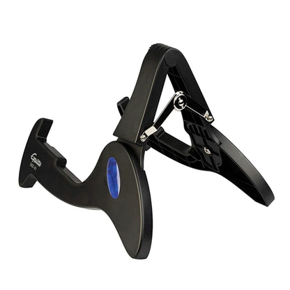 Black plastic guitar stand universal folding tripod holder with blue accent and silver metal hinges for musical instrument rack