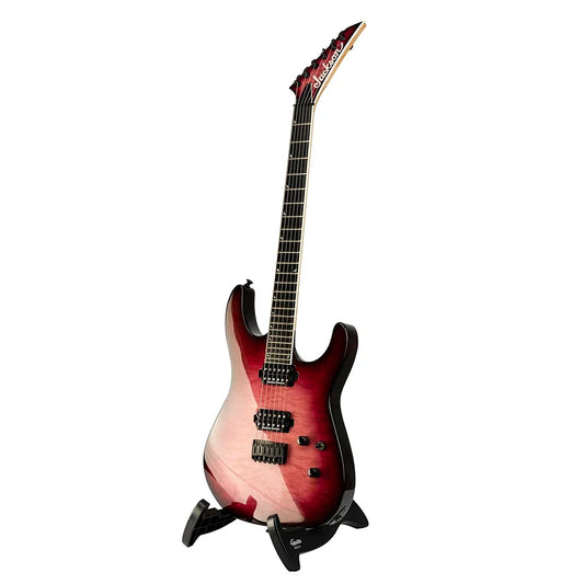 Guitar stand universal folding tripod holder with a jackson guitar featuring a glossy red-to-pink finish and black hardware