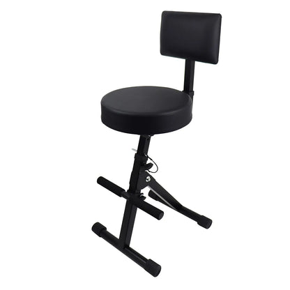 Black padded folding musician stool with adjustable height and backrest featuring sturdy metal frame for guitarists