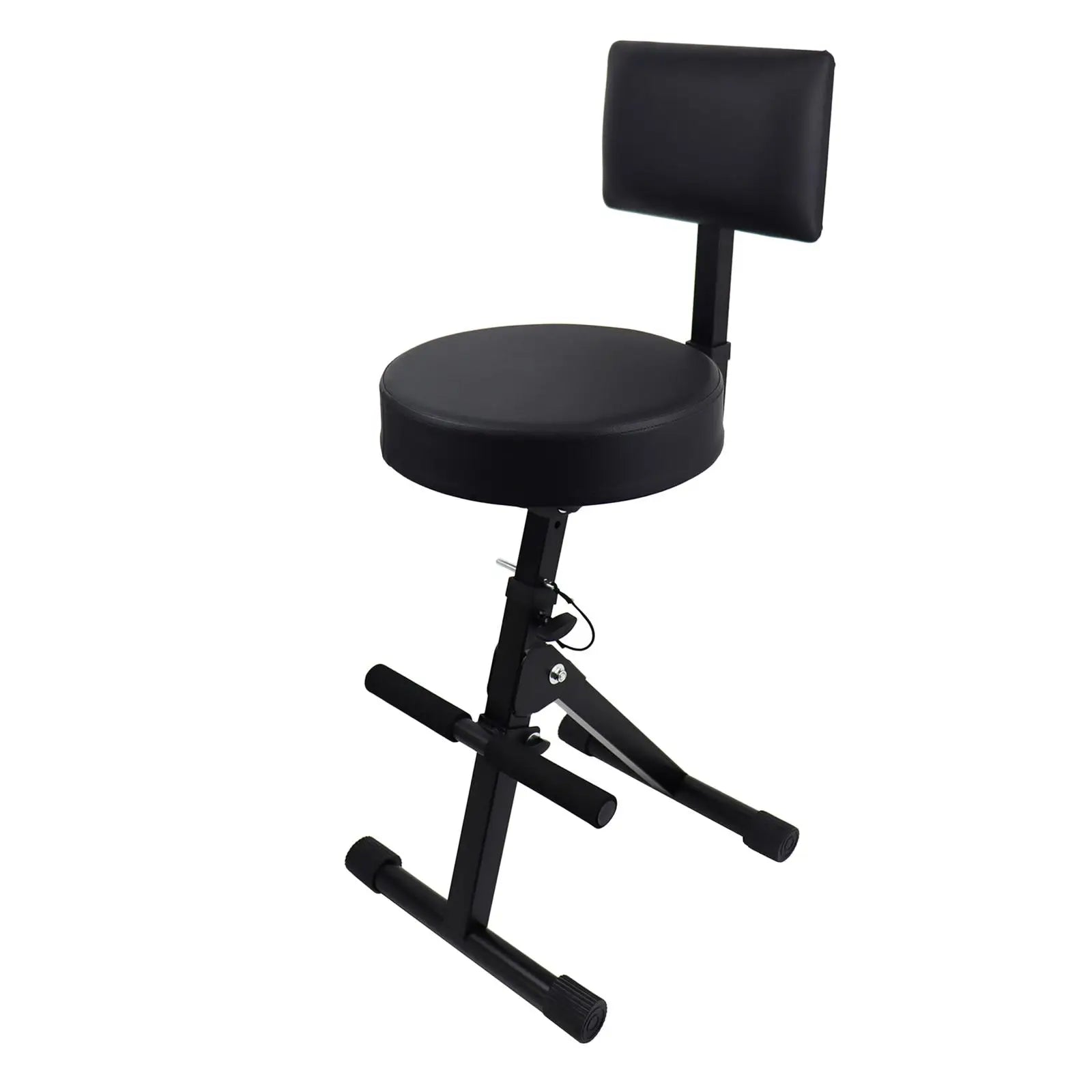 Black padded folding musician stool with adjustable height and backrest metal frame for guitarist adults and kids