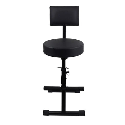 Black padded guitar stool with backrest musician chair featuring adjustable height and folding design for guitarists