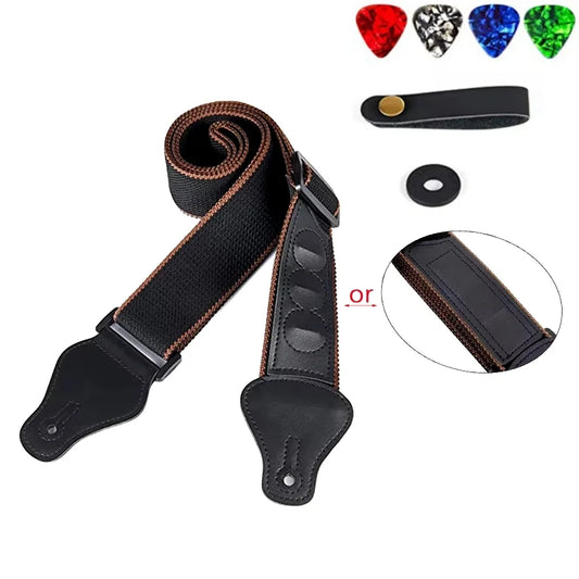Black woven guitar strap 7pcs with brown stitching and leather ends for ukulele bass musical instrument accessories
