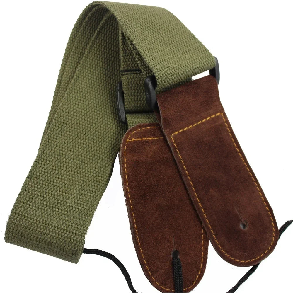 Olive green cotton guitar strap adjustable with brown suede ends for acoustic electric bass guitar use