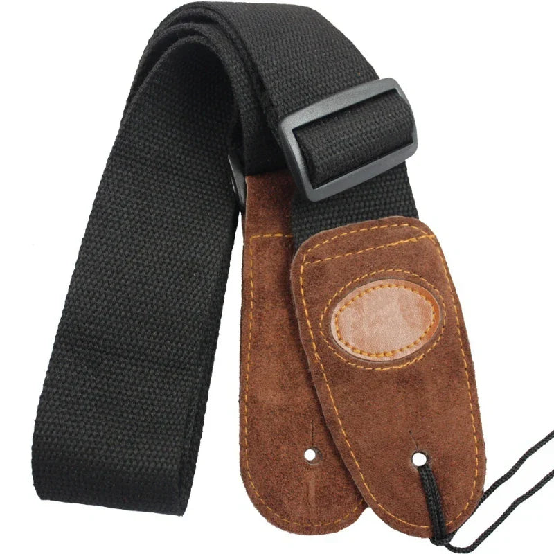 Black and brown cotton guitar strap adjustable with durable fabric body and suede leather patches for acoustic electric bass guitar