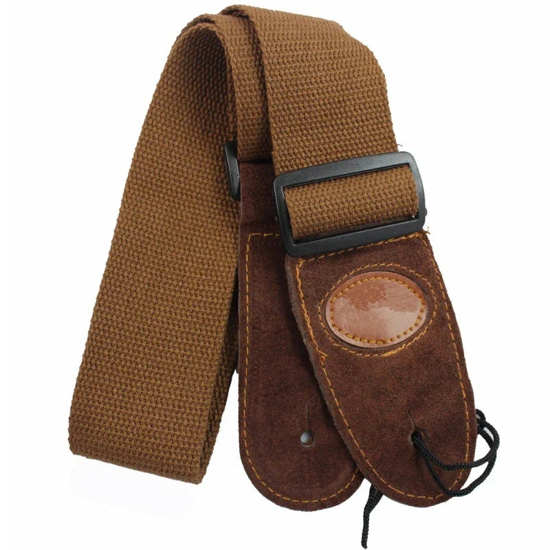 Brown canvas and suede adjustable cotton guitar strap with black plastic buckle for acoustic electric bass guitars