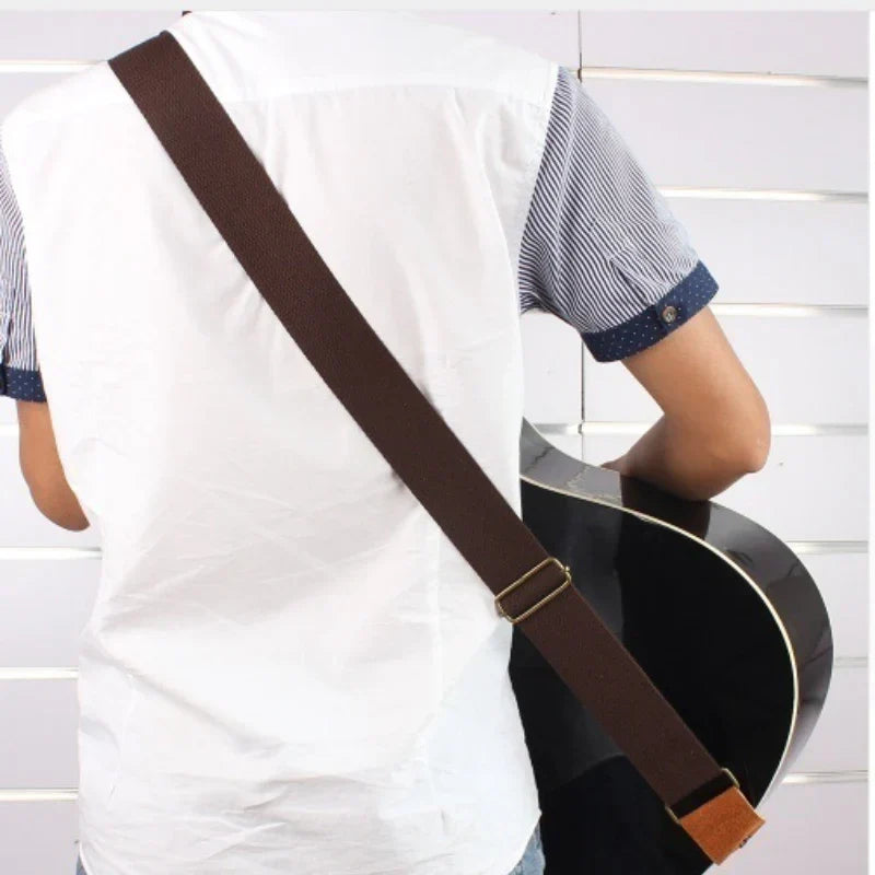Brown leather guitar strap with brass hardware and tan leather ends adjustable cotton guitar strap for acoustic electric bass