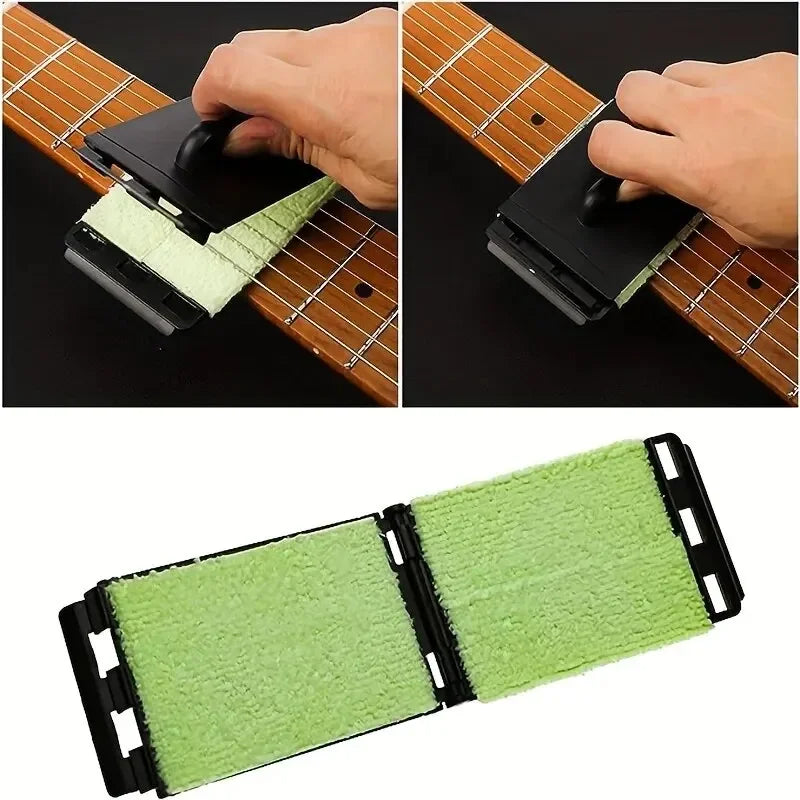 Black plastic-framed guitar string cleaner with light green microfiber clean fretboard cloth for instrument maintenance