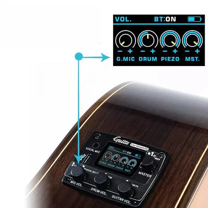 Black electronic guitar pickup with blue illuminated volume bluetooth microphone drum piezo and master controls