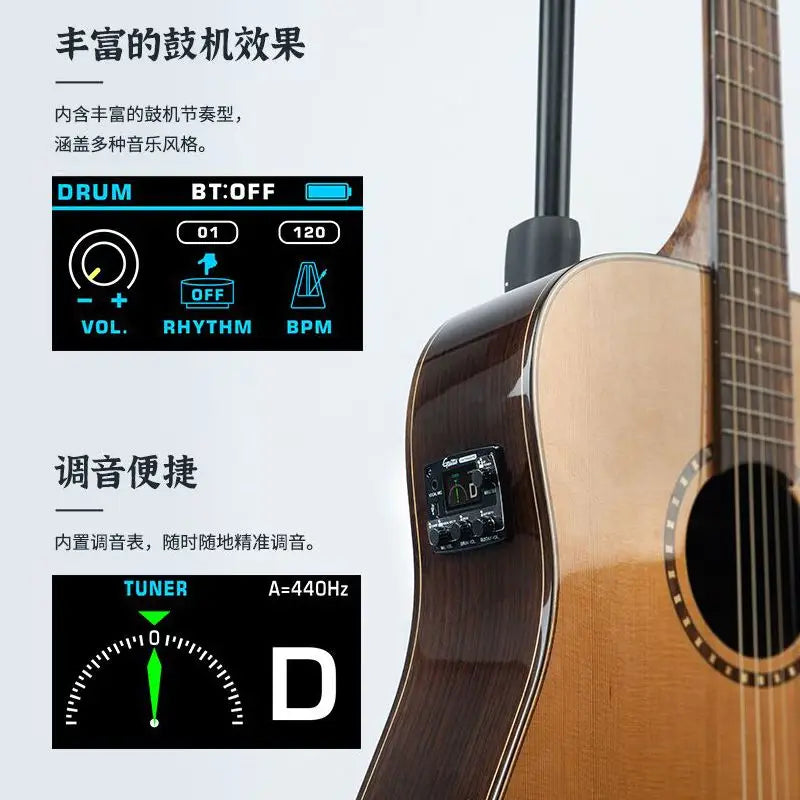 Acoustic guitar with glossy natural wood finish and electronic pickup featuring digital display for drum and tuning functions