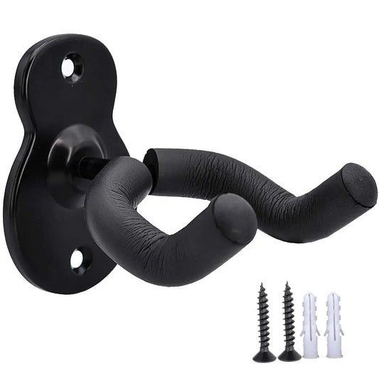 Black metal guitar wall mount hanger hook with padded textured grip and mounting plate for acoustic and electric bass guitar